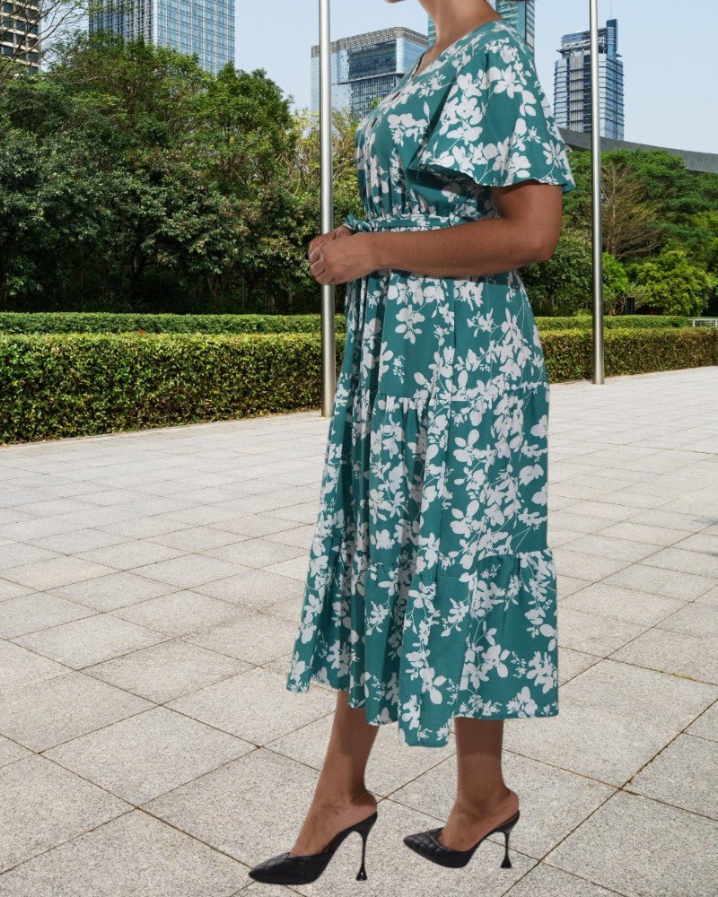 Flutter Sleeve V Neck Green Floral Dress - StylePhase SA