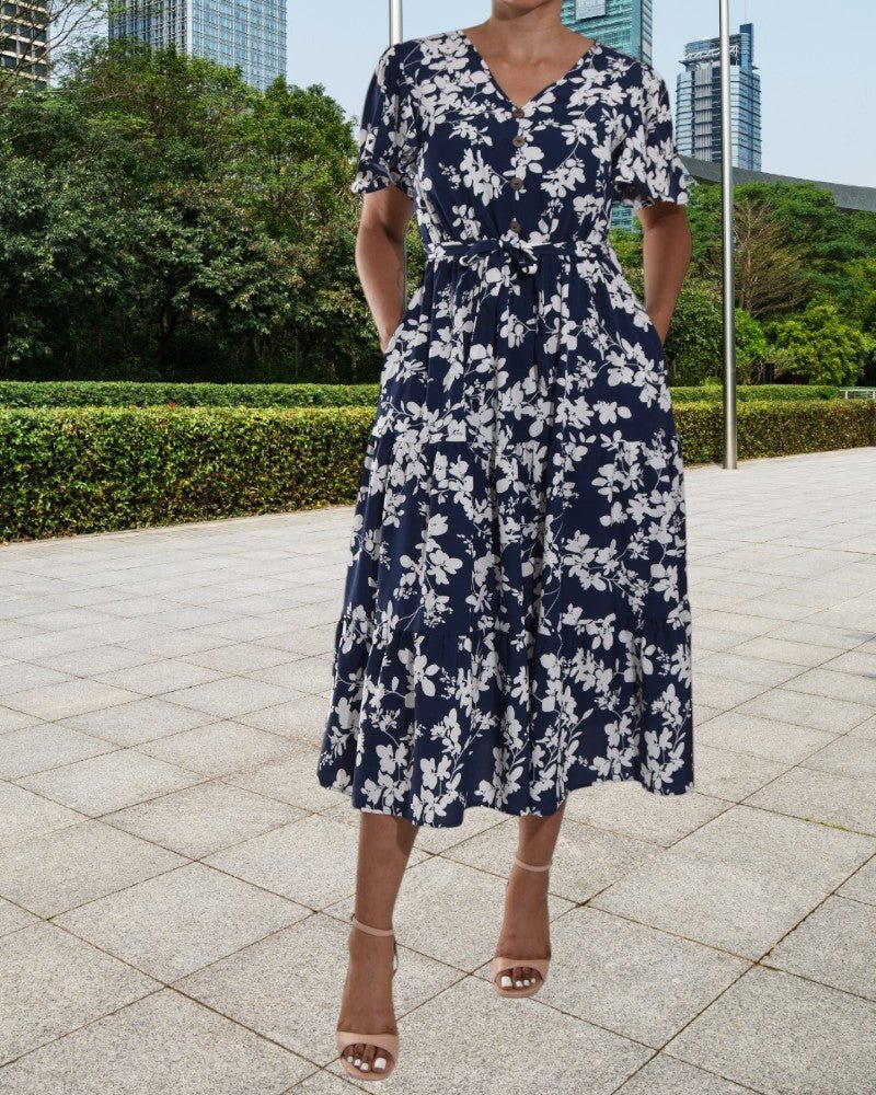 Flutter Sleeve V Neck Navy Floral Dress - StylePhase SA