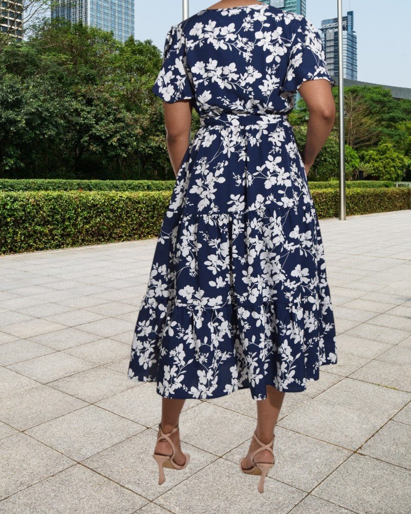 Flutter Sleeve V Neck Navy Floral Dress - StylePhase SA