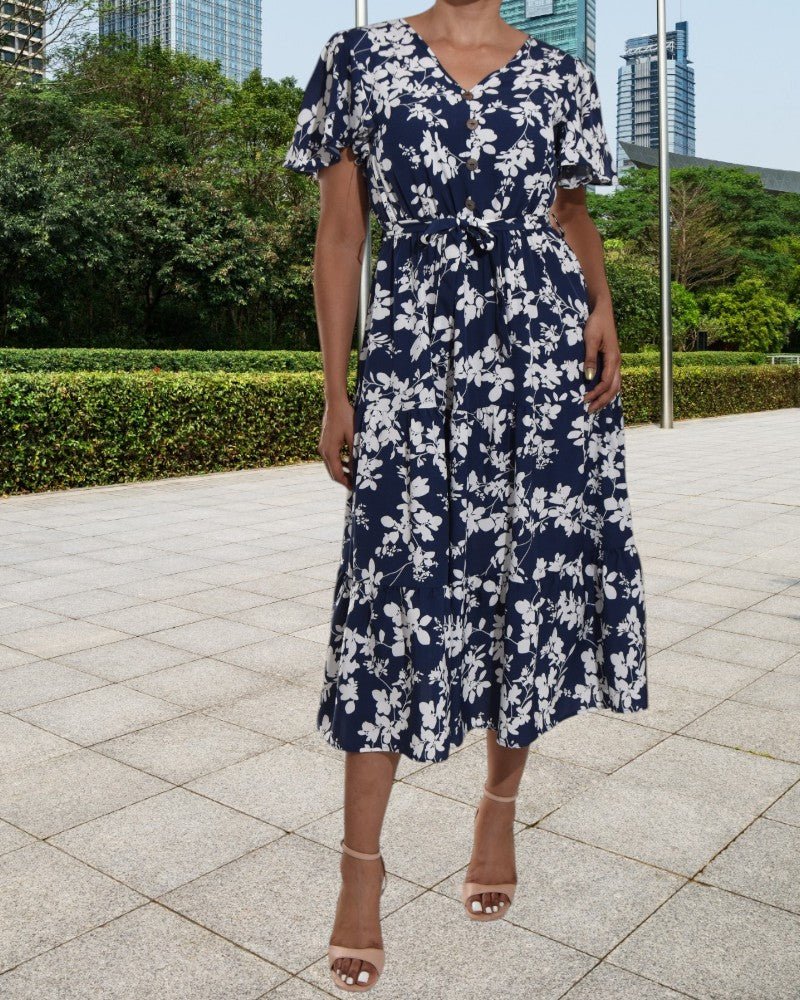 Flutter Sleeve V Neck Navy Floral Dress - StylePhase SA