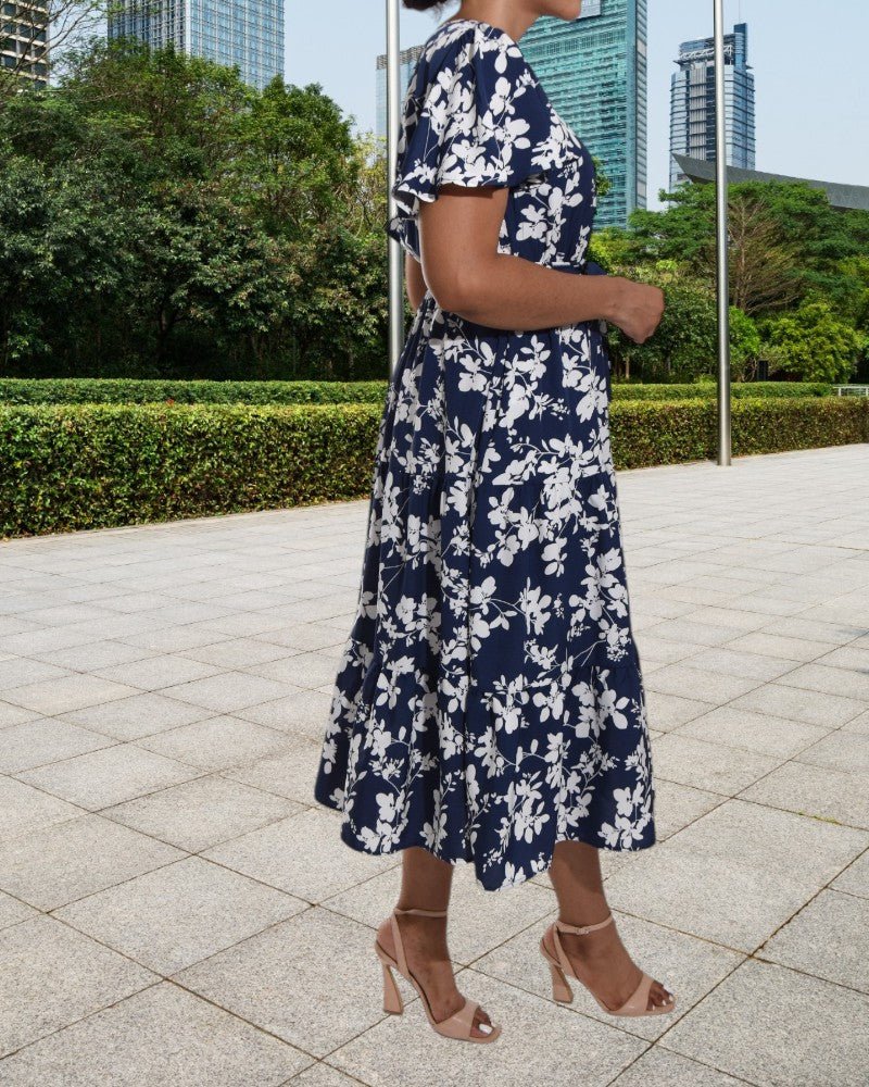 Flutter Sleeve V Neck Navy Floral Dress - StylePhase SA