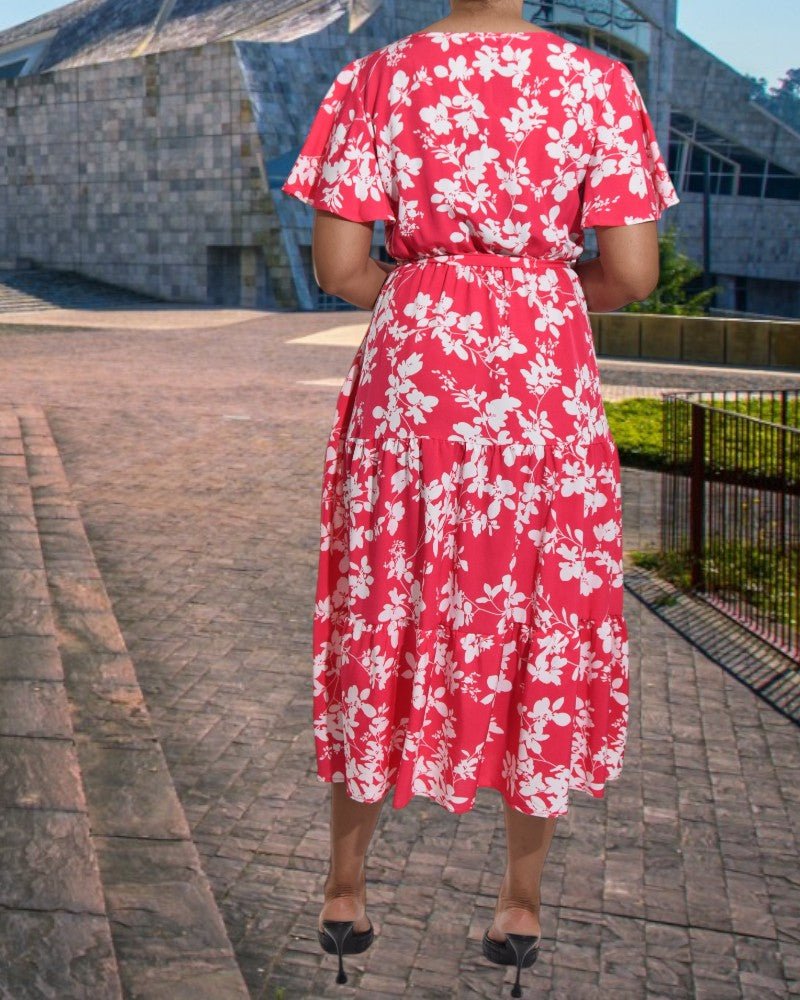 Flutter Sleeve V Neck Pink Floral Dress - StylePhase SA