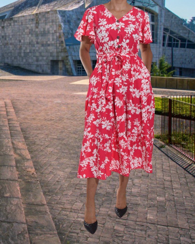 Flutter Sleeve V Neck Pink Floral Dress - StylePhase SA