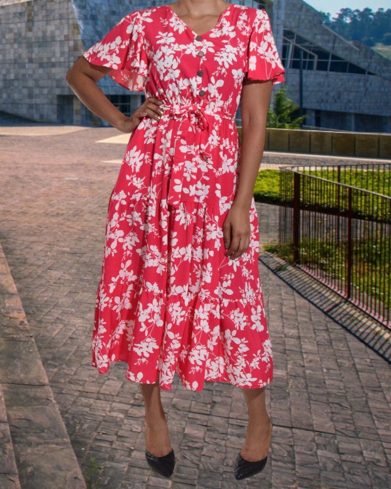 Flutter Sleeve V Neck Pink Floral Dress - StylePhase SA