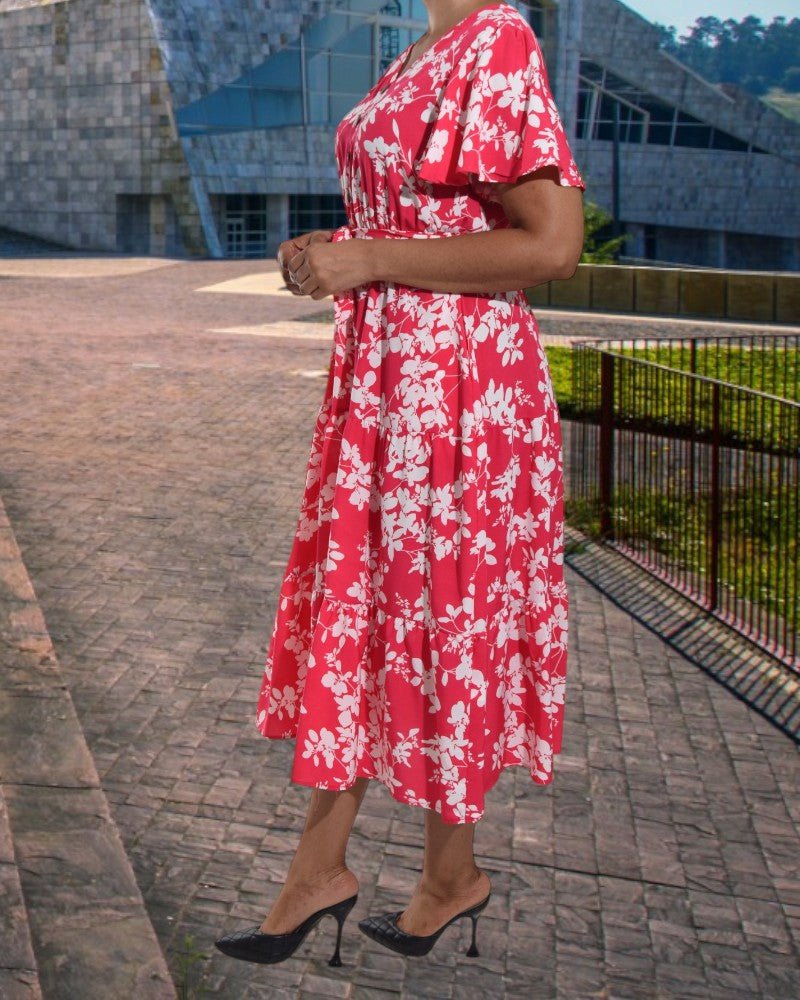 Flutter Sleeve V Neck Pink Floral Dress - StylePhase SA