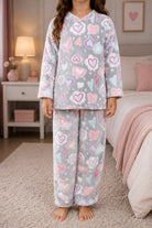 Girls Grey Mutli Color Heart Print Fleece Pyjama - StylePhase SA