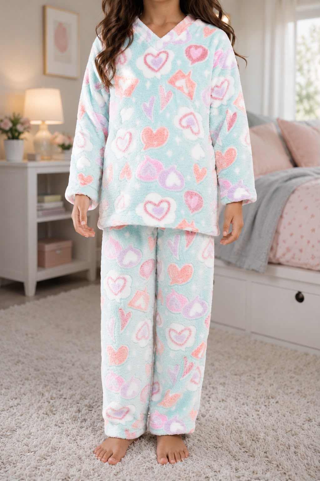 Girls Heart Print Fleece Pyjama - StylePhase SA