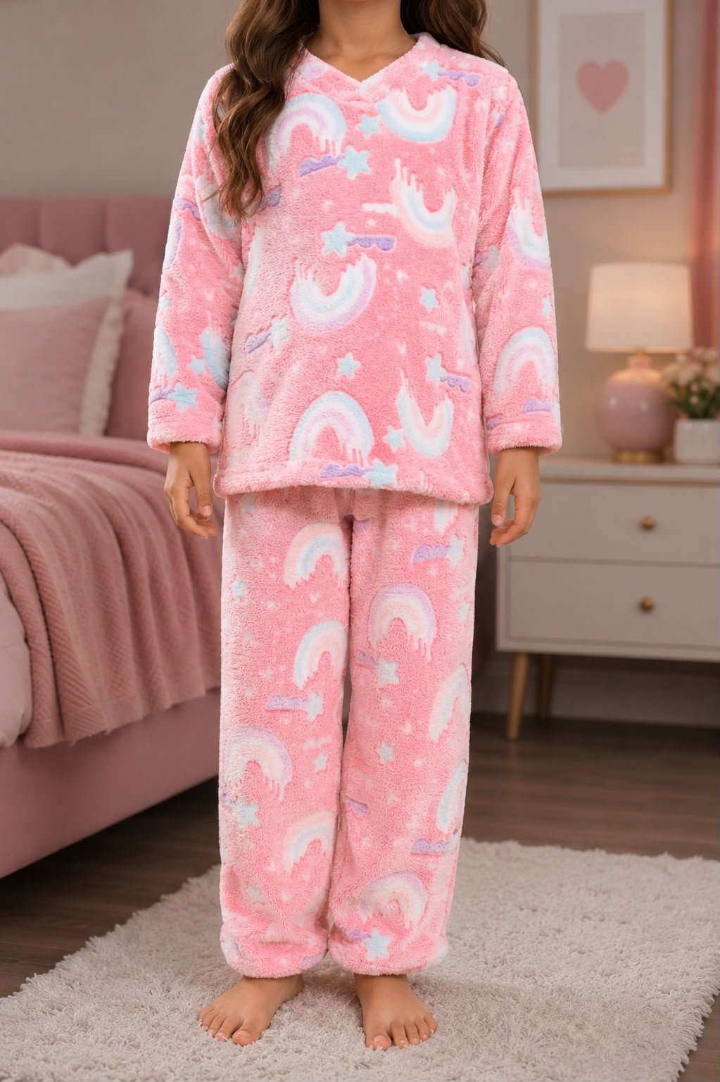 Girls Pink Rainbow Print Fleece Pyjama - StylePhase SA
