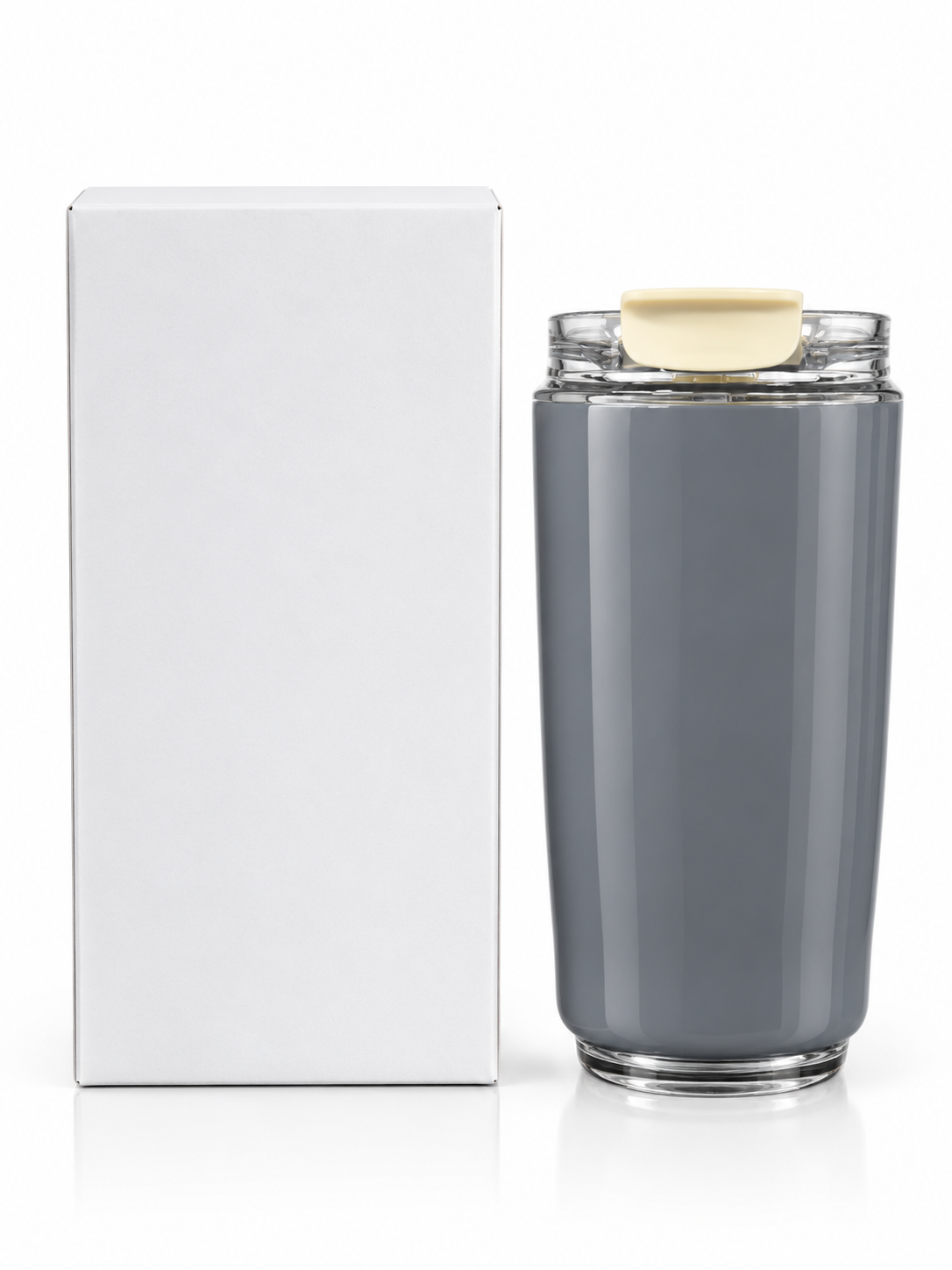 Gray travel bottle with clear flip-top lid and white gift box
