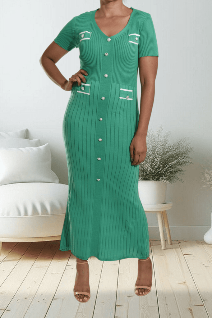 Green Button Front Rib Knit Dress - StylePhase SA