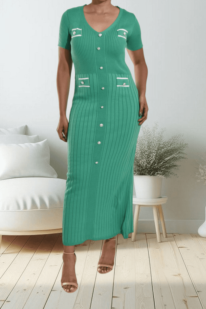 Green Button Front Rib Knit Dress - StylePhase SA