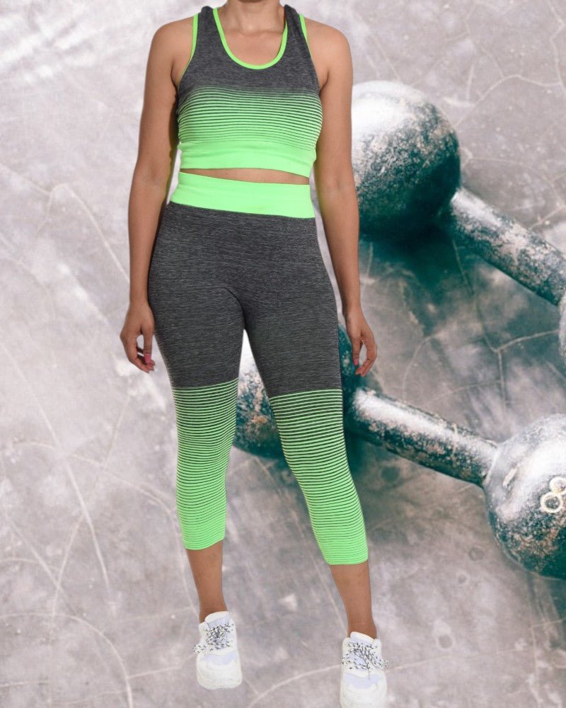 Green Color Block 3/4 Activewear Set - StylePhase SA