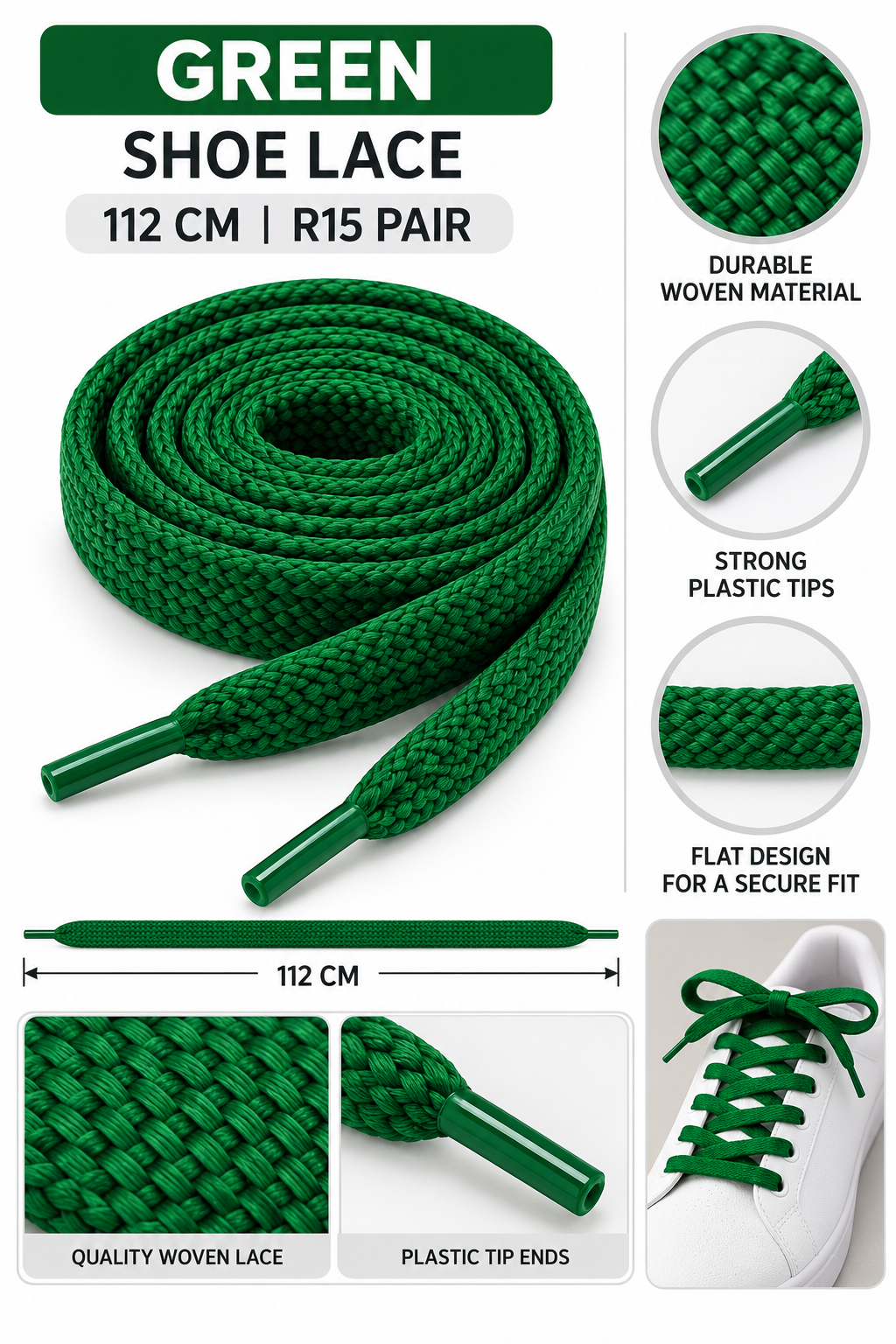 Green flat woven shoelaces 112cm R15 per pair