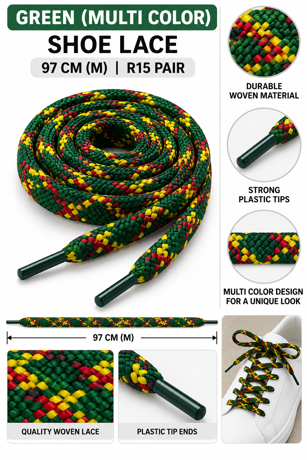 Green multicolour flat shoelaces 97 cm
