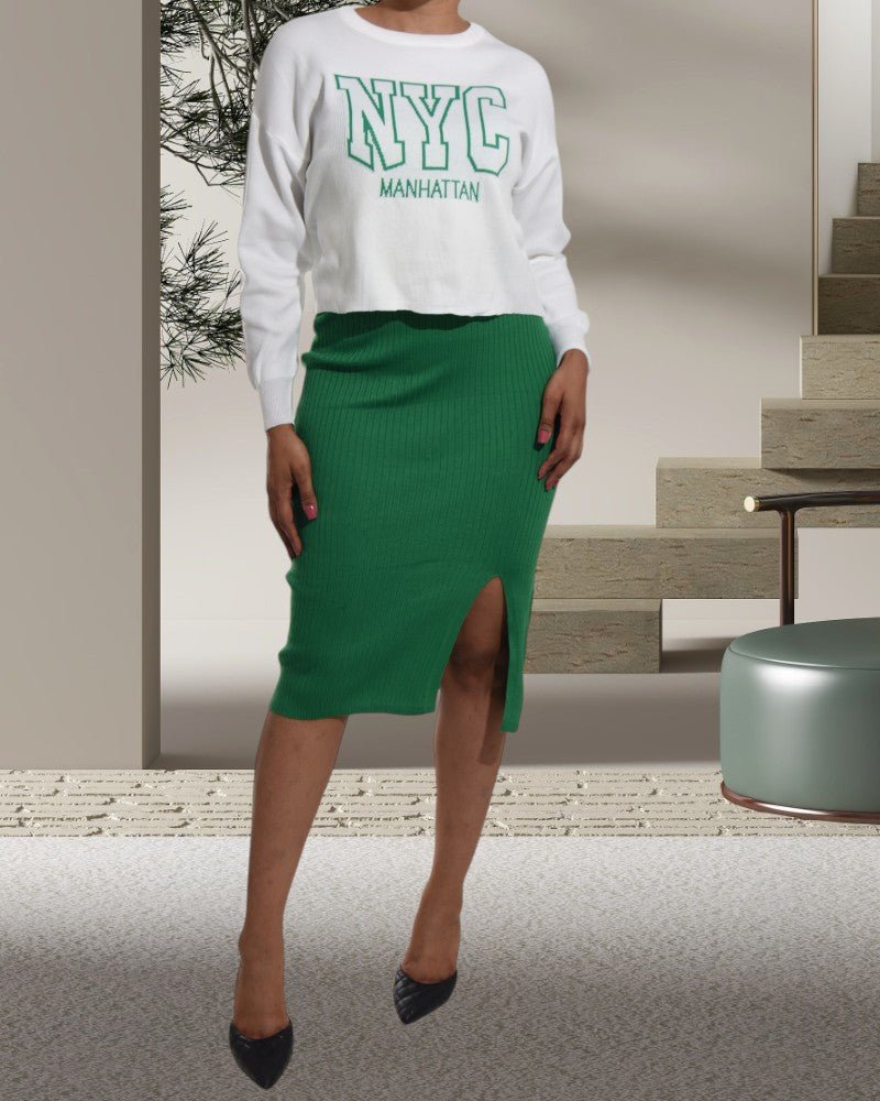 Green NYC Print Top and Skirt Knit Set - StylePhase SA