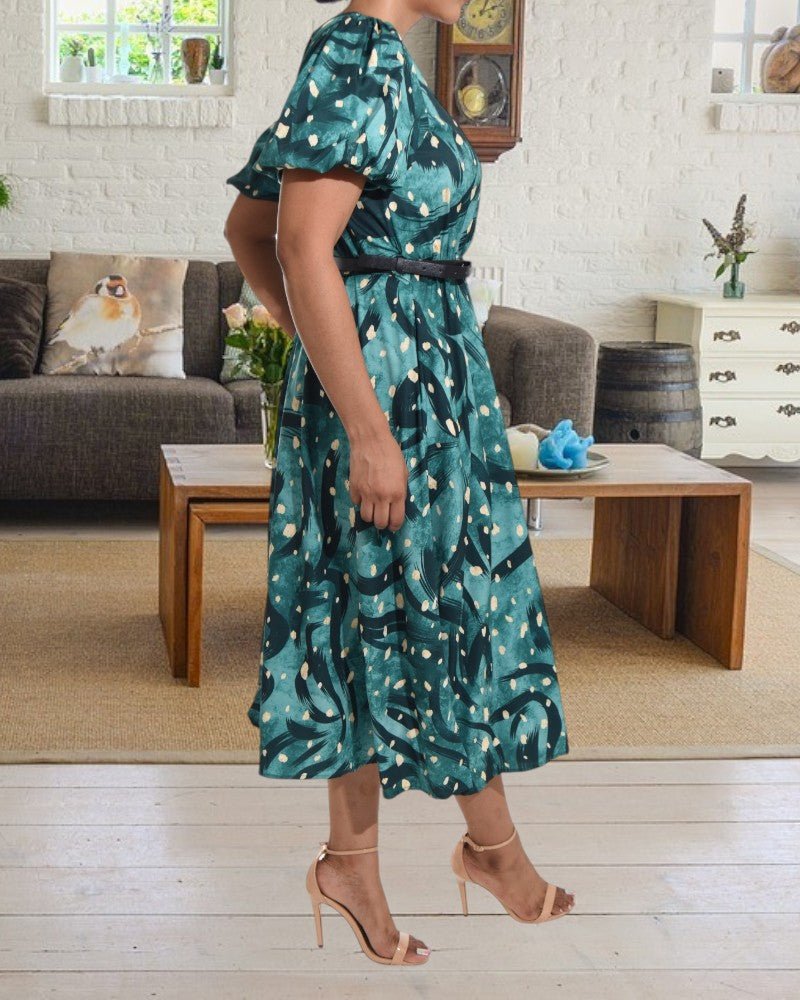 Green Printed Puff Sleeve Pocket Dress - StylePhase SA