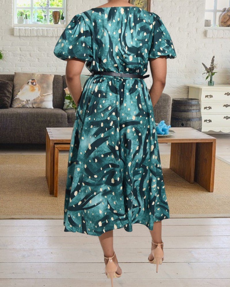 Green Printed Puff Sleeve Pocket Dress - StylePhase SA