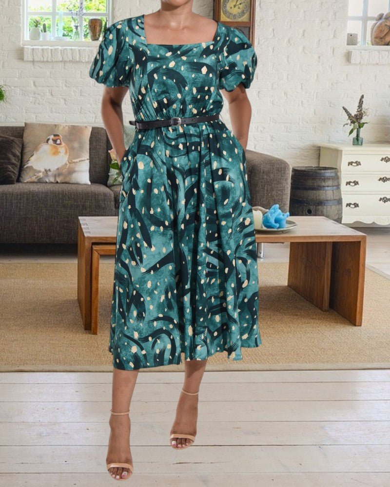 Green Printed Puff Sleeve Pocket Dress - StylePhase SA