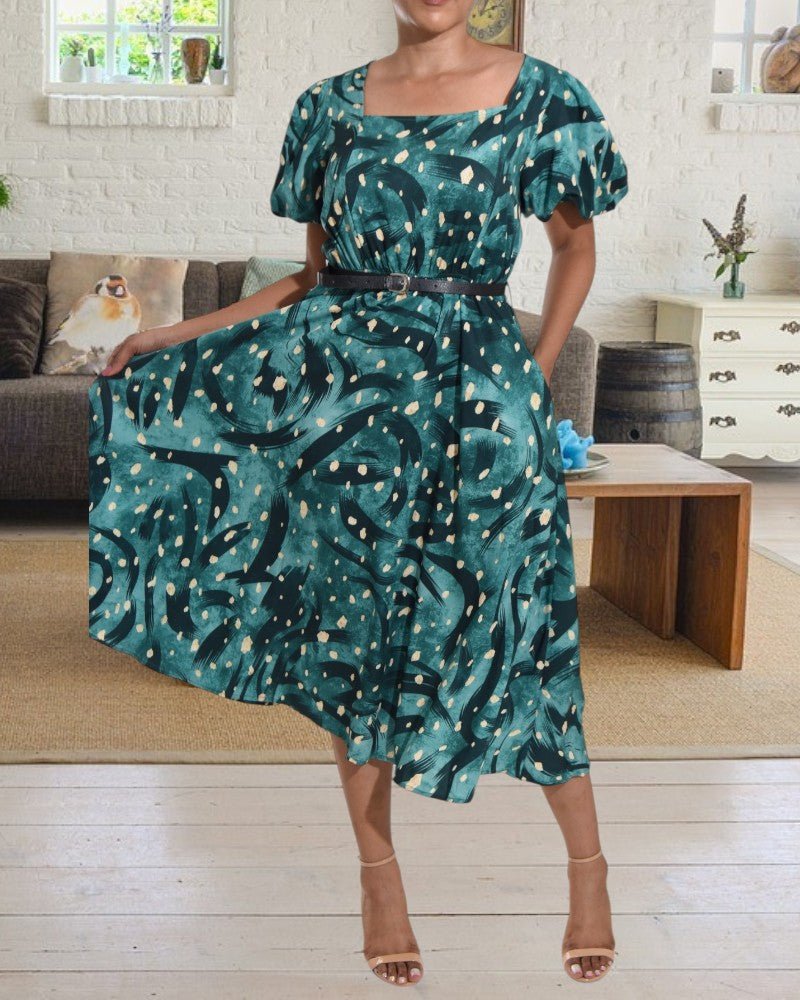 Green Printed Puff Sleeve Pocket Dress - StylePhase SA