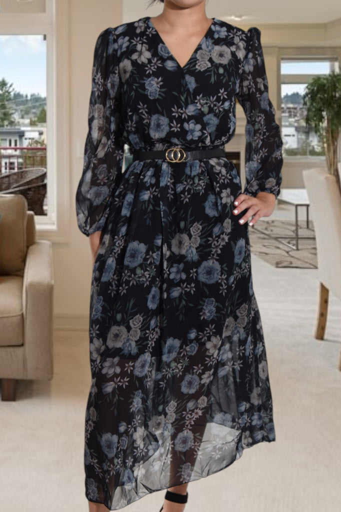 Grey Floral Chiffon Black Dress with Belt - StylePhase SA