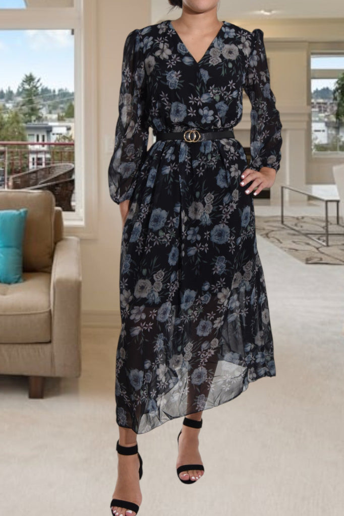 Grey Floral Chiffon Black Dress with Belt - StylePhase SA