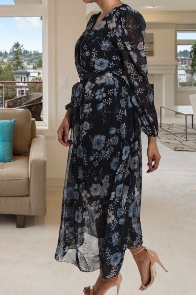 Grey Floral Chiffon Black Dress with Belt - StylePhase SA