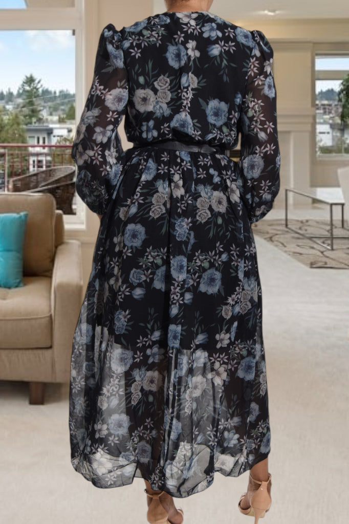 Grey Floral Chiffon Black Dress with Belt - StylePhase SA