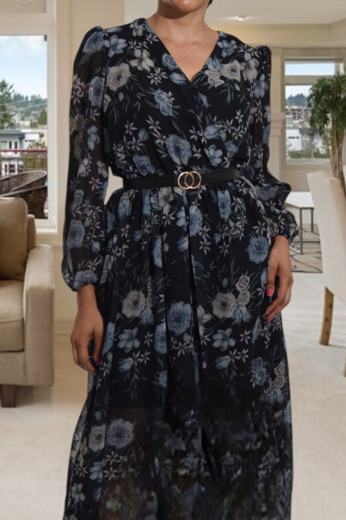 Grey Floral Chiffon Black Dress with Belt - StylePhase SA