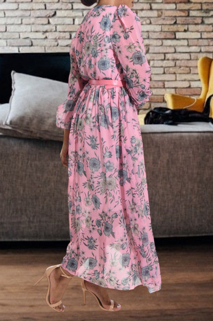 Grey Floral Chiffon Dress with Belt - StylePhase SA