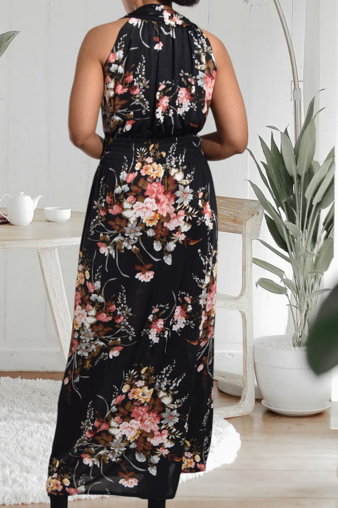 Grey Floral Halter Neck Dress - StylePhase SA