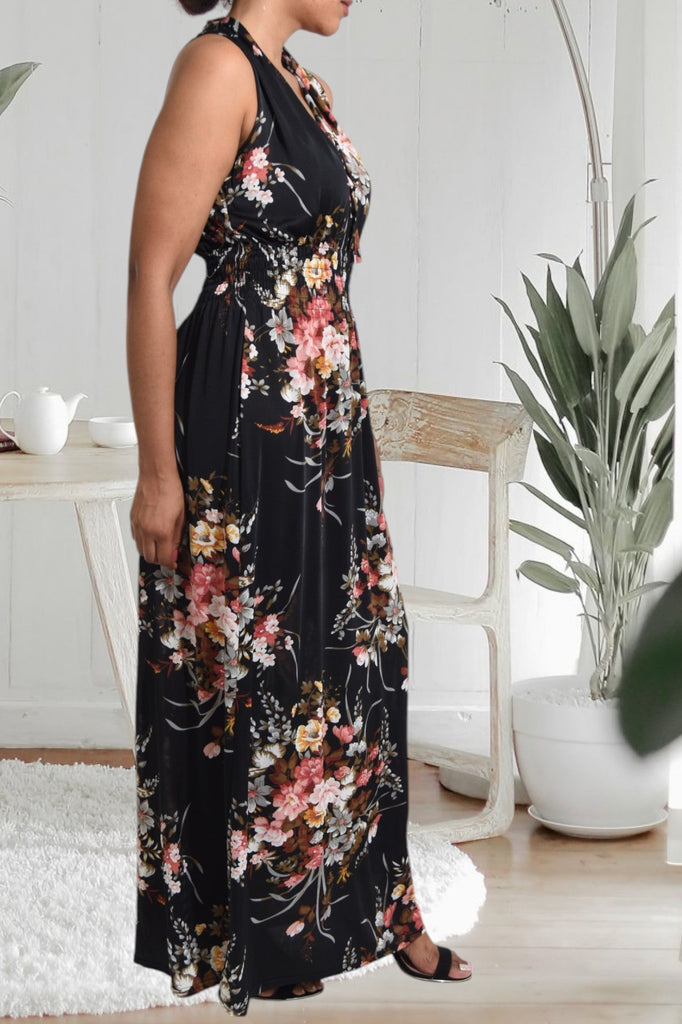 Grey Floral Halter Neck Dress - StylePhase SA