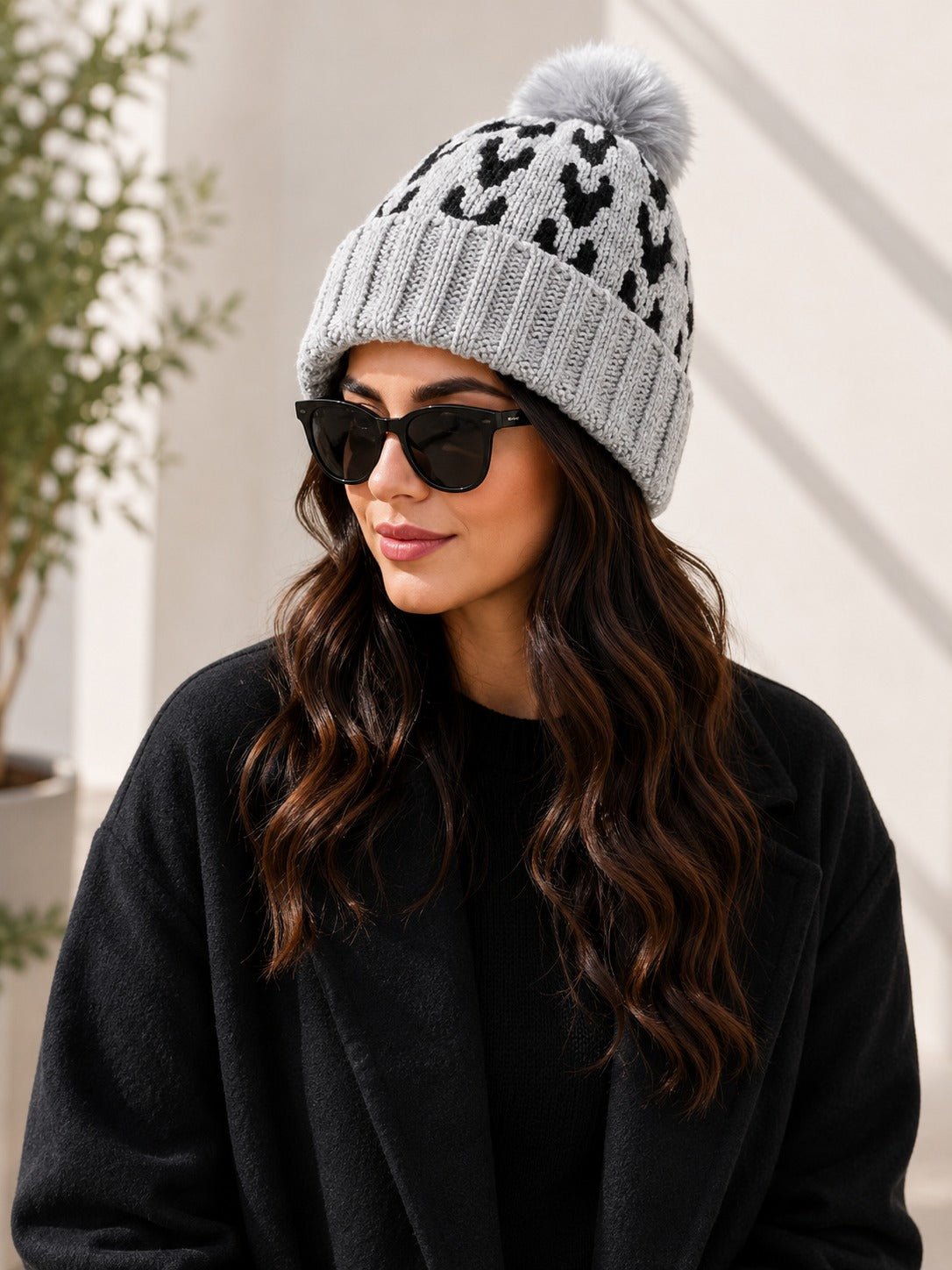 Grey Fluffy Faux Fur Pom Pom Beanie - StylePhase SA