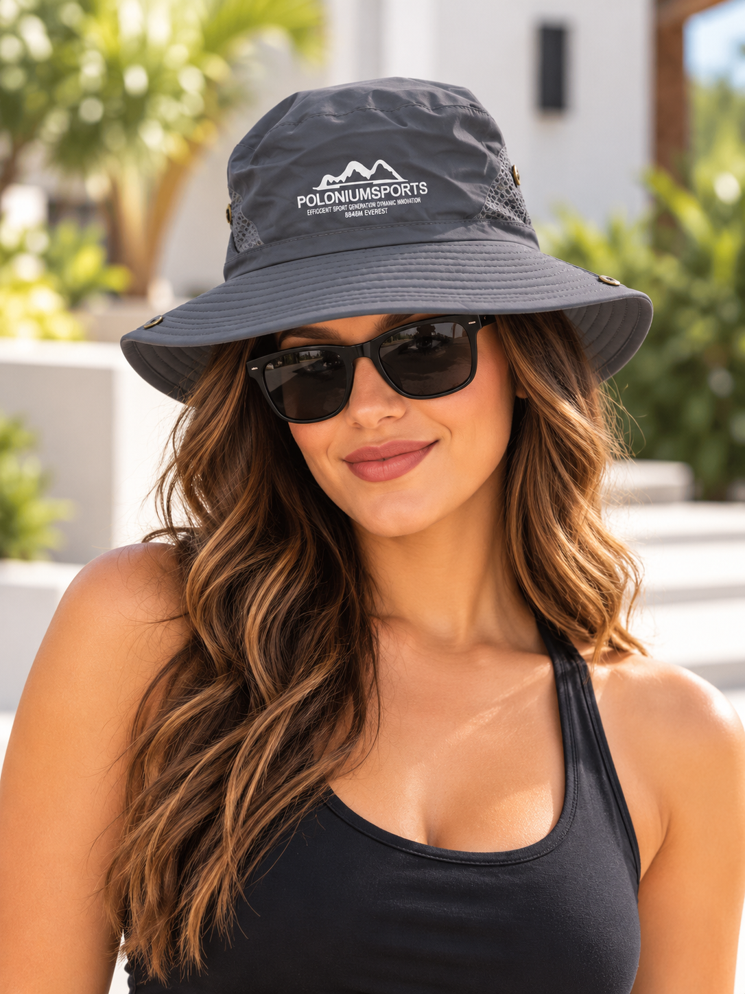 Grey Polonium Sports wide brim sun hat on female model