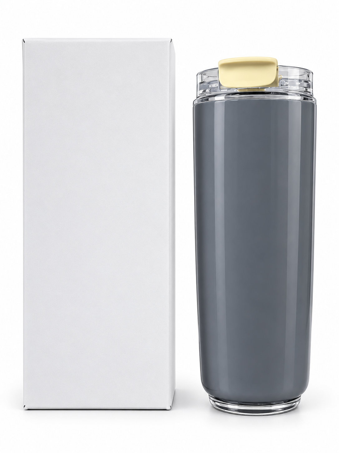 Grey travel bottle with clear flip-top lid and gift box