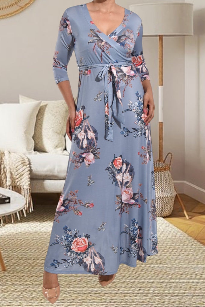 Grey V Neck Floral Maxi Dress - StylePhase SA