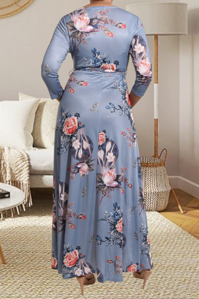 Grey V Neck Floral Maxi Dress - StylePhase SA