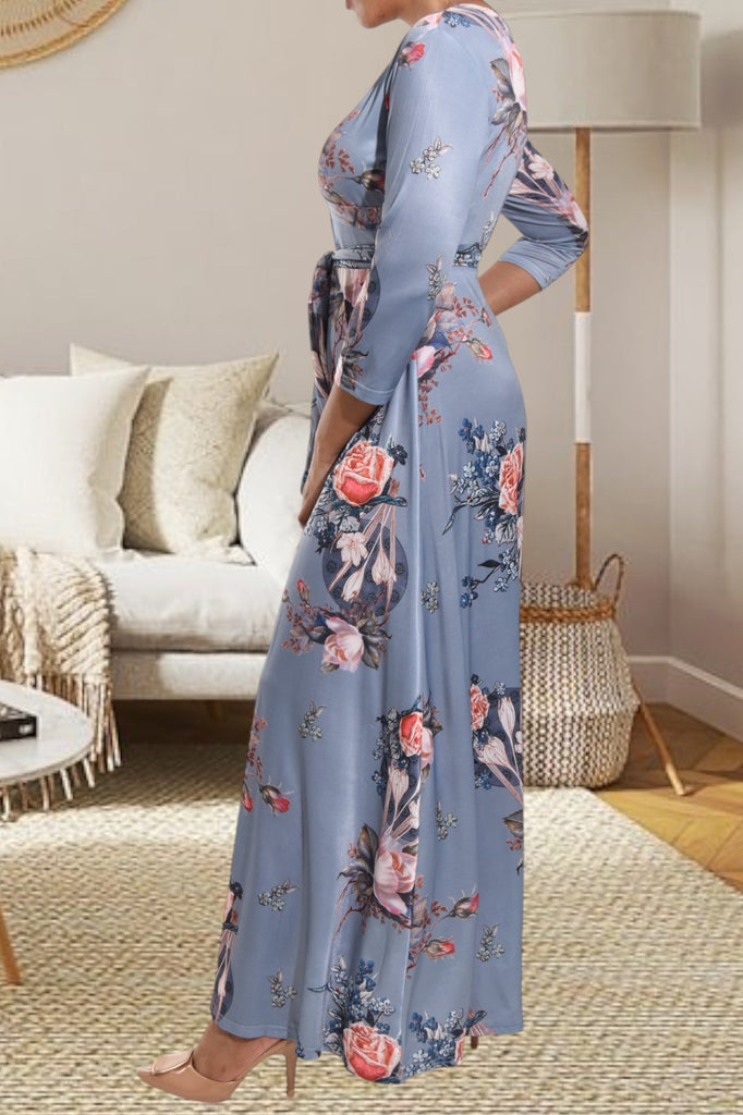 Grey V Neck Floral Maxi Dress - StylePhase SA