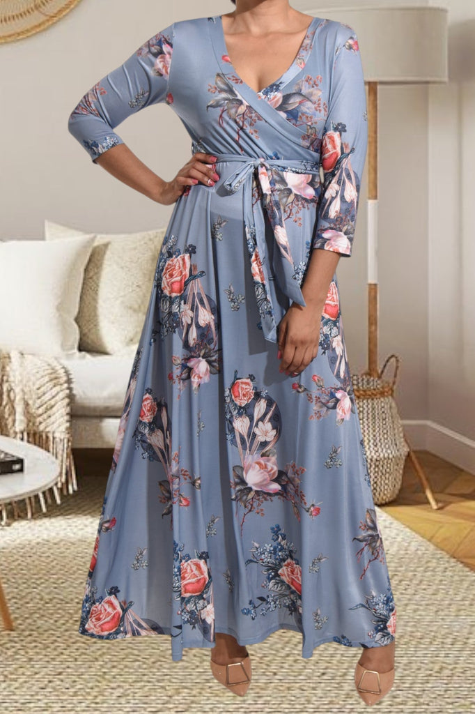 Grey V Neck Floral Maxi Dress - StylePhase SA