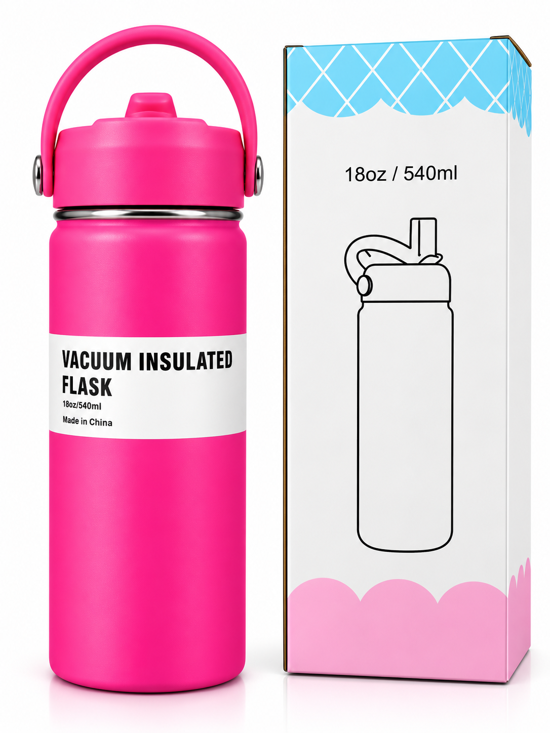 Hot pink 540ml insulated flask features