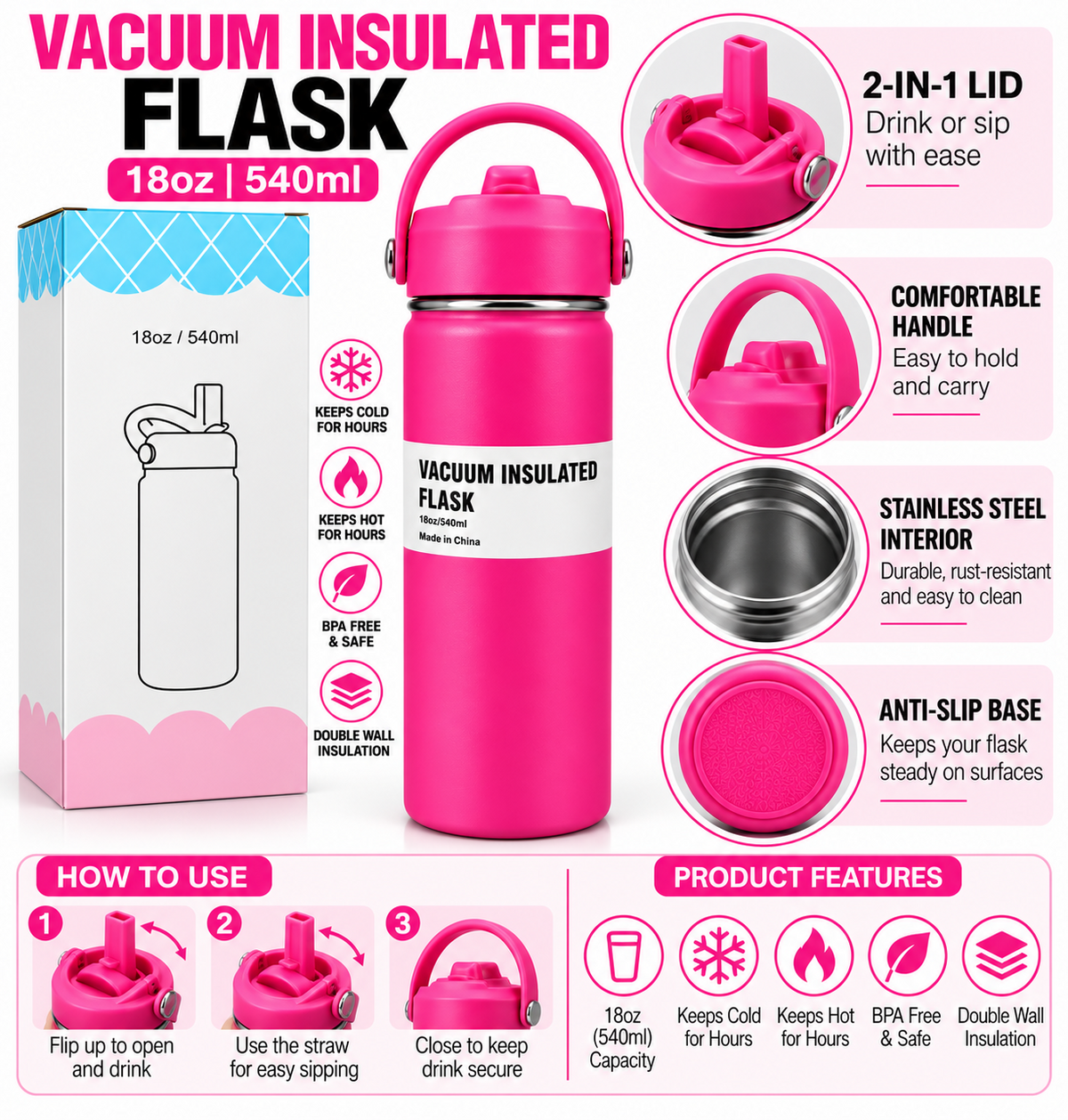 Hot pink 540ml insulated flask with box