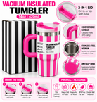 Hot pink and white striped tumbler with packaging