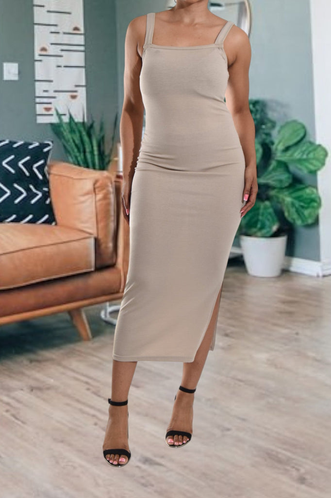 Khaki Rib Bodycon Slit Dress - StylePhase SA