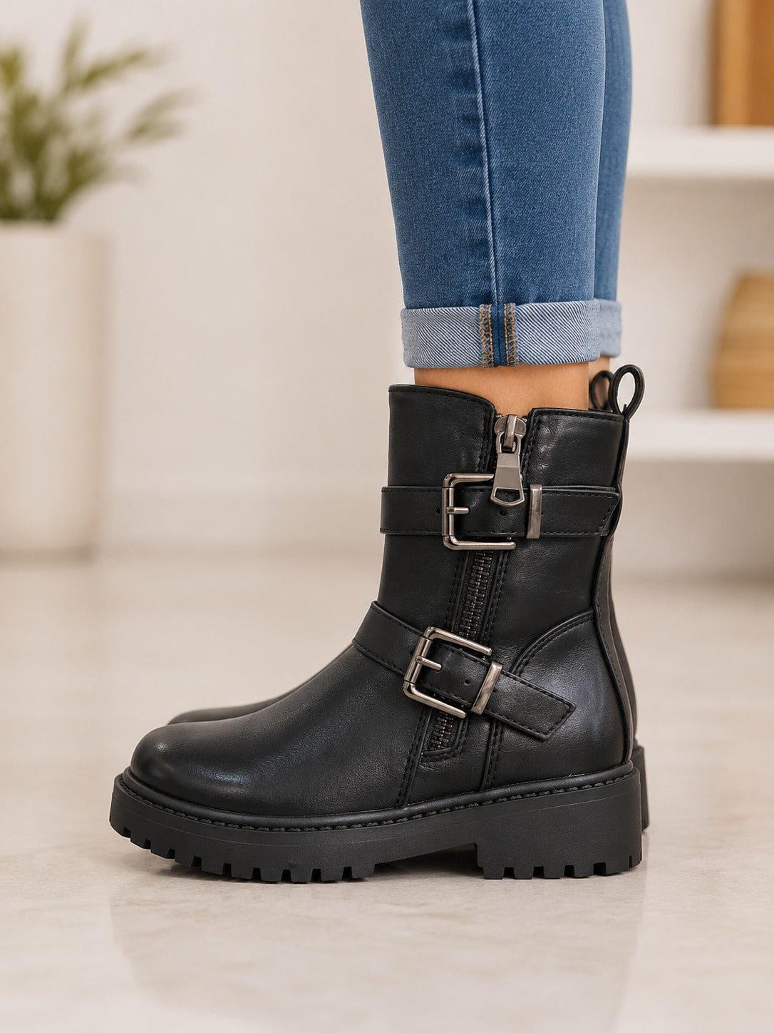Kids Black Double Buckle Zip Ankle Boots - StylePhase SA