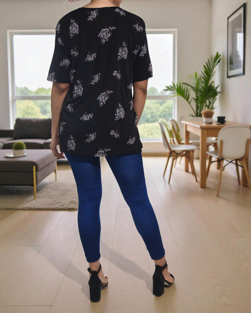 Ladie Black Printed Short Sleeve Top - StylePhase SA