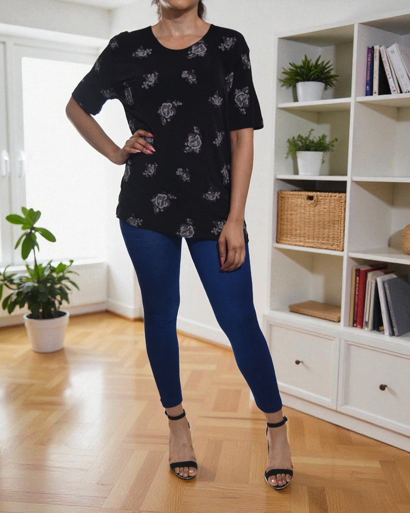 Ladie Black Printed Short Sleeve Top - StylePhase SA