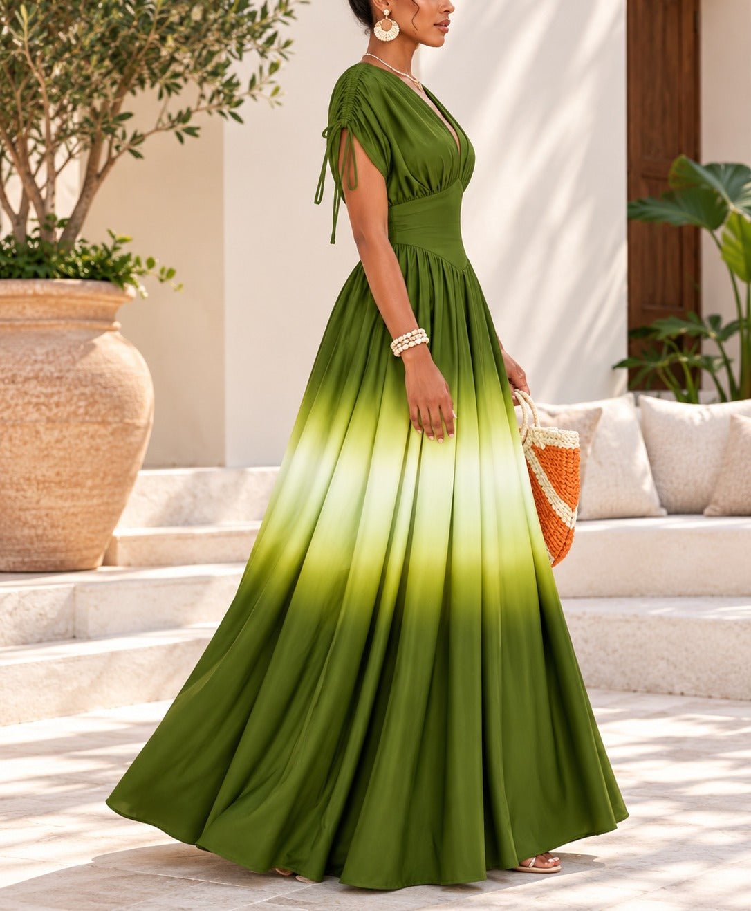 Ladie Olive Green Ombre Deep V-Neck Maxi Dress - StylePhase SA
