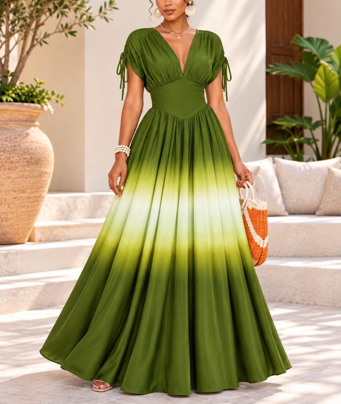 Ladie Olive Green Ombre Deep V-Neck Maxi Dress - StylePhase SA