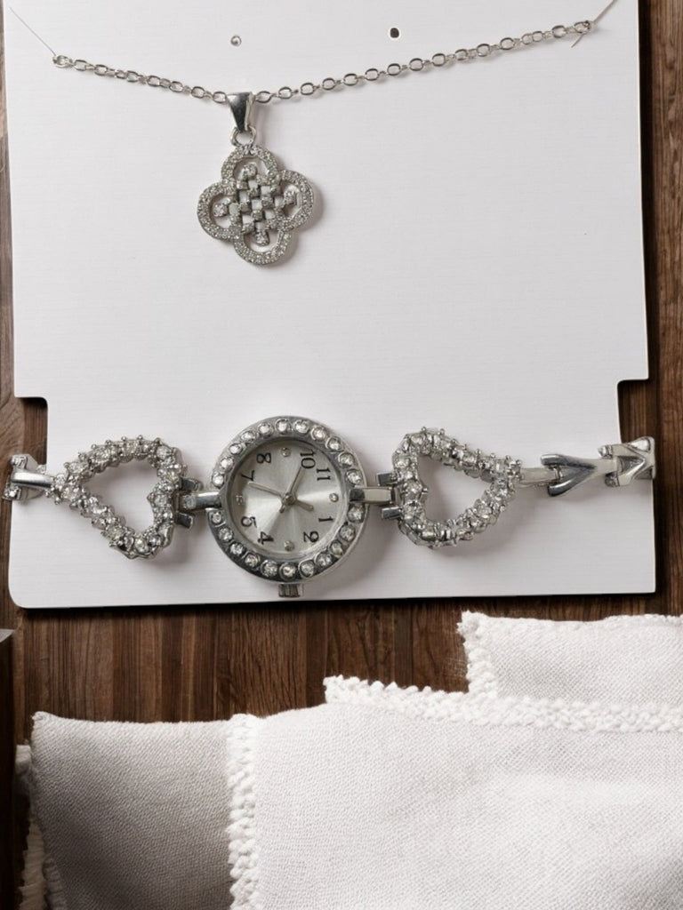 Ladies 2PC Watch Silver Flower Set - StylePhase SA
