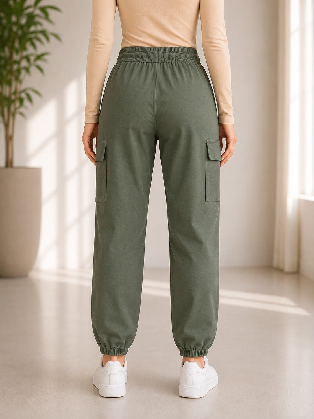 Ladies Army Green Mid-Rise Drawstring Cargo Jogger - StylePhase SA
