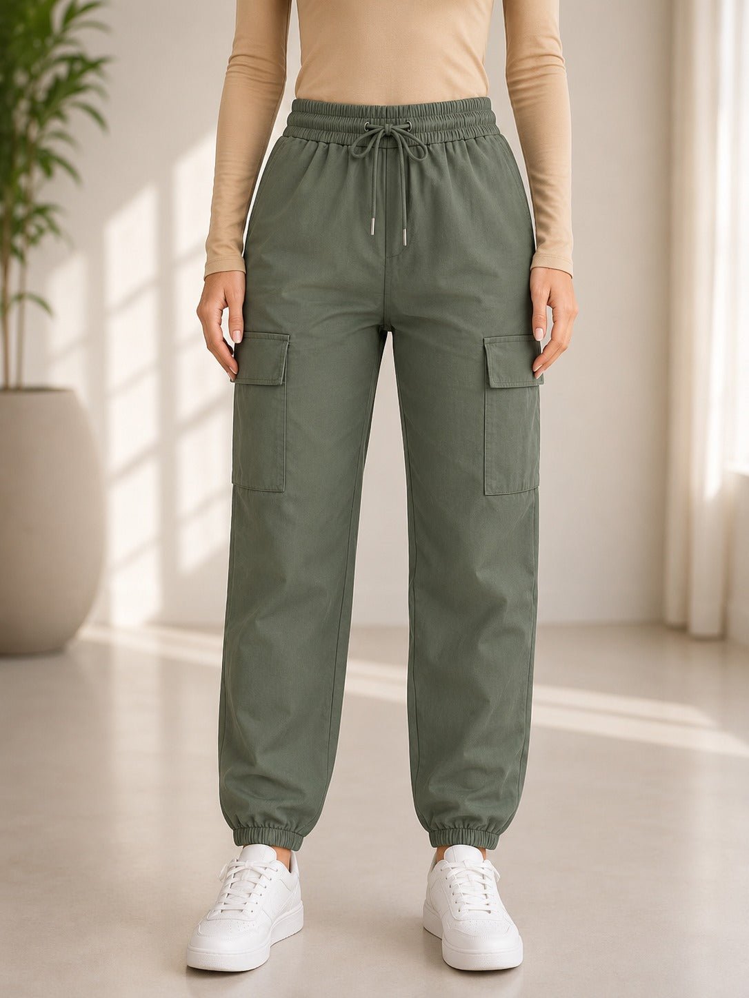 Ladies Army Green Mid-Rise Drawstring Cargo Jogger - StylePhase SA